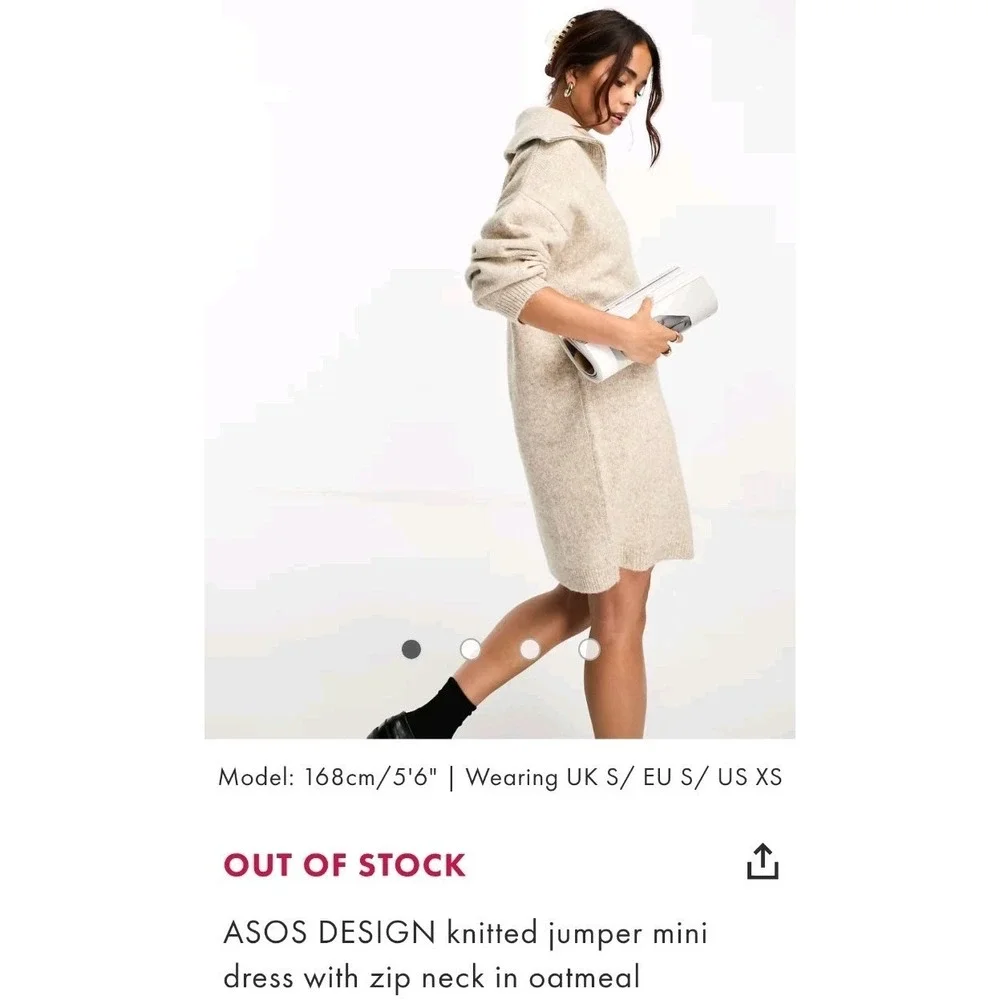 Asos Design Knitted Jumper Mini Dress 1/4 Zip Oatmeal Womens Size Small - Picture 2 of 11